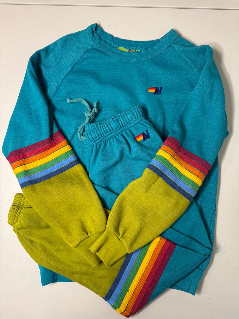 Rare Aviator Nation 7 Stripes SET Top and Bottoms Teal Green Color-block M/S